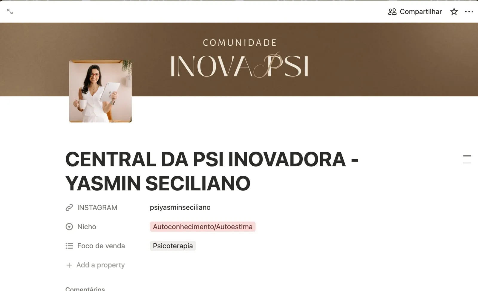 Central da Psi Inovadora preenchida por uma integrante, com nicho e foco de venda