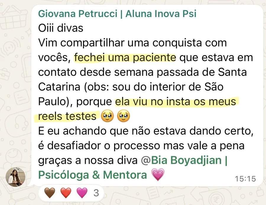 Print de WhatsApp da Giovana Petrucci: fechou uma paciente de Santa Catarina que viu seus reels
