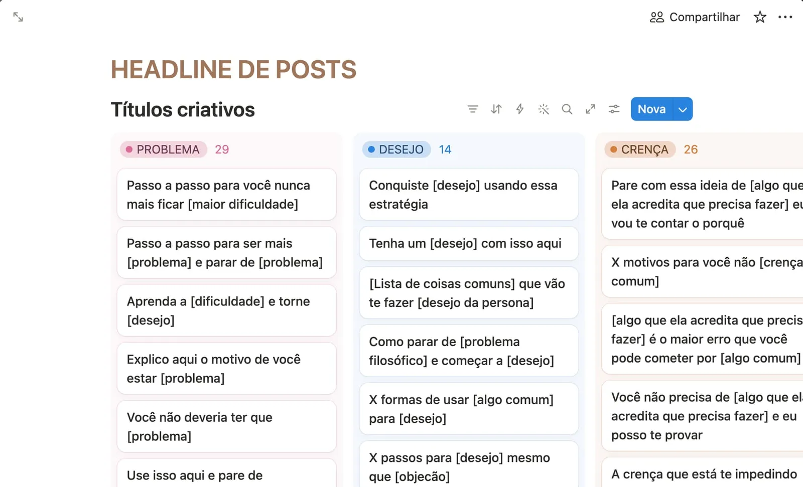 Banco de headlines de posts, separado em problema, desejo e crença