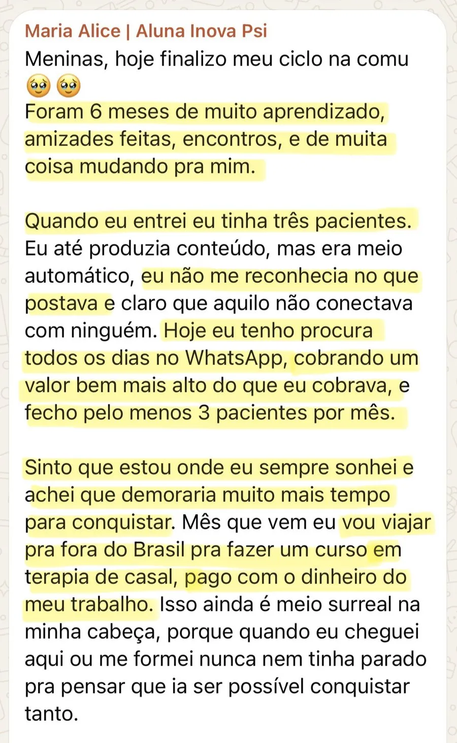 Print de WhatsApp da Maria Alice contando os resultados ao fim do ciclo de 6 meses na comunidade