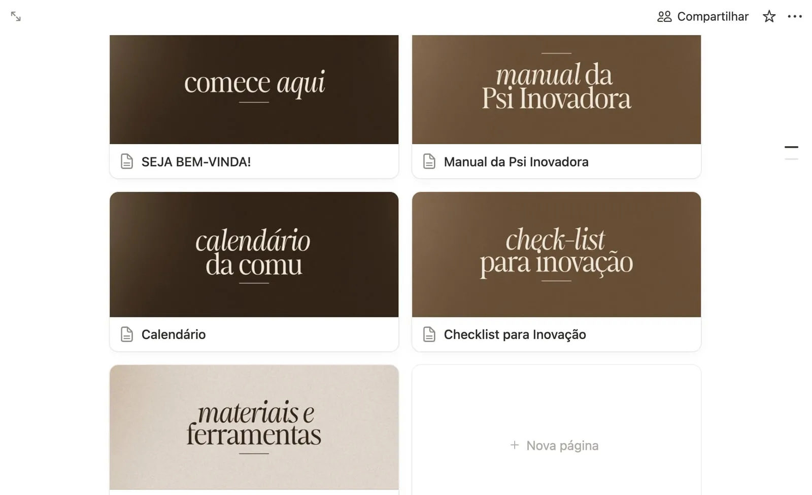 Páginas da comunidade: seja bem-vinda, manual da Psi Inovadora, calendário, checklist e materiais