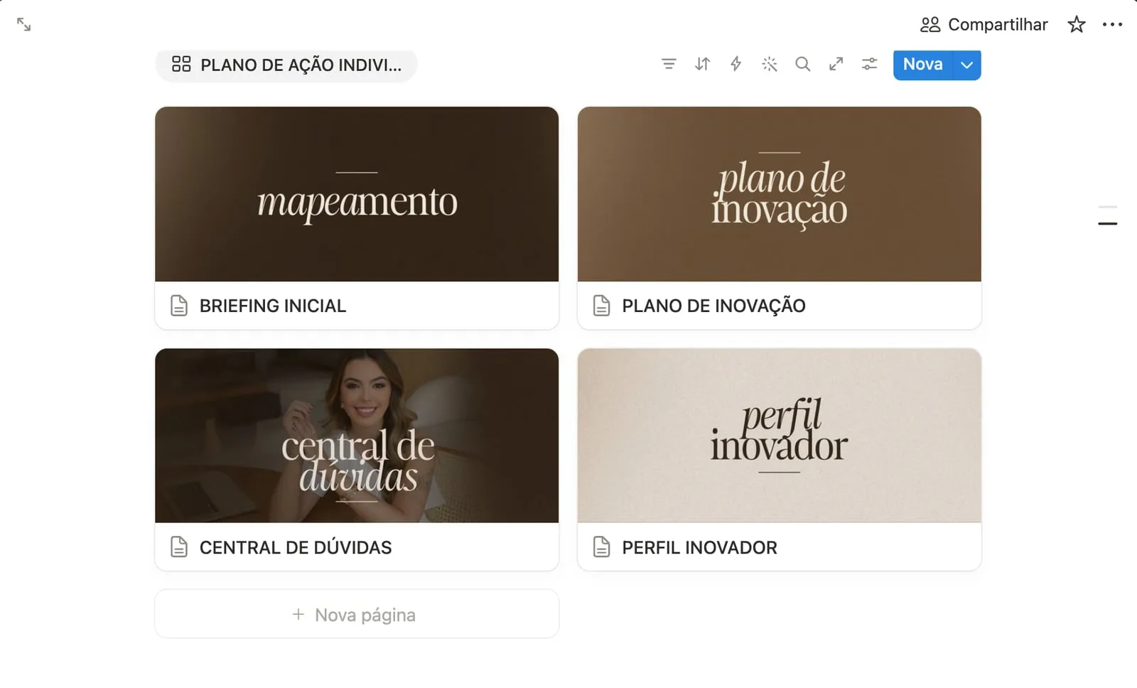Plano de ação individual, com briefing inicial, plano de inovação, central de dúvidas e perfil inovador