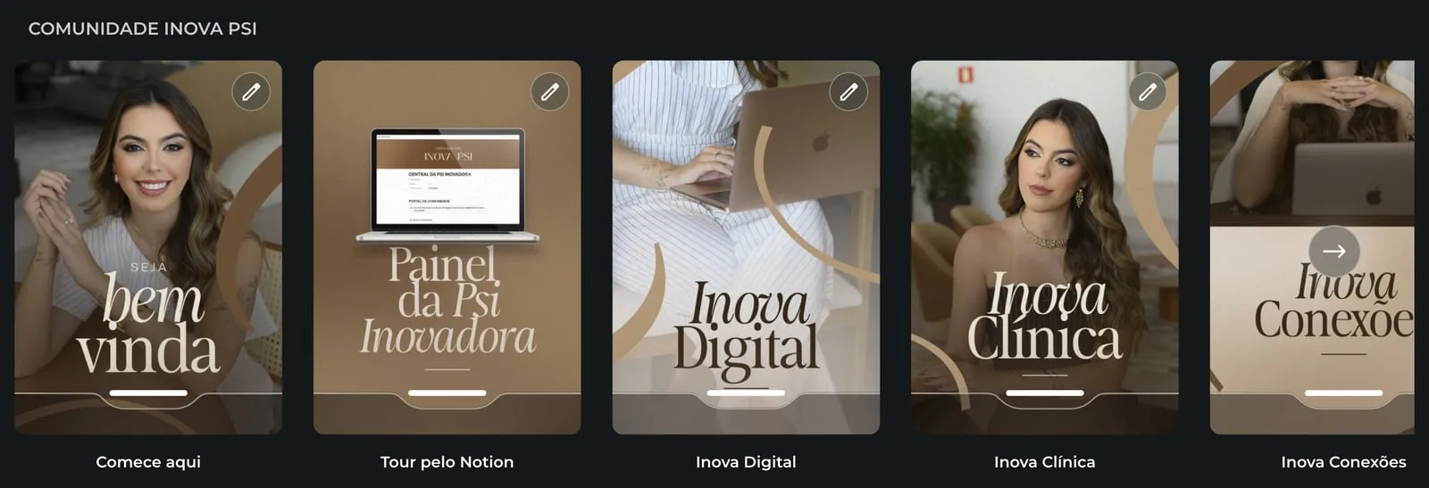 Área da comunidade no Notion com as trilhas Bem-vinda, Painel da Psi Inovadora, Inova Digital, Inova Clínica e Inova Conexões